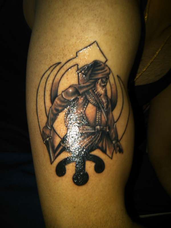 Black Ink Sikhism Warrior With Khanda Tattoo On Half Sleeve