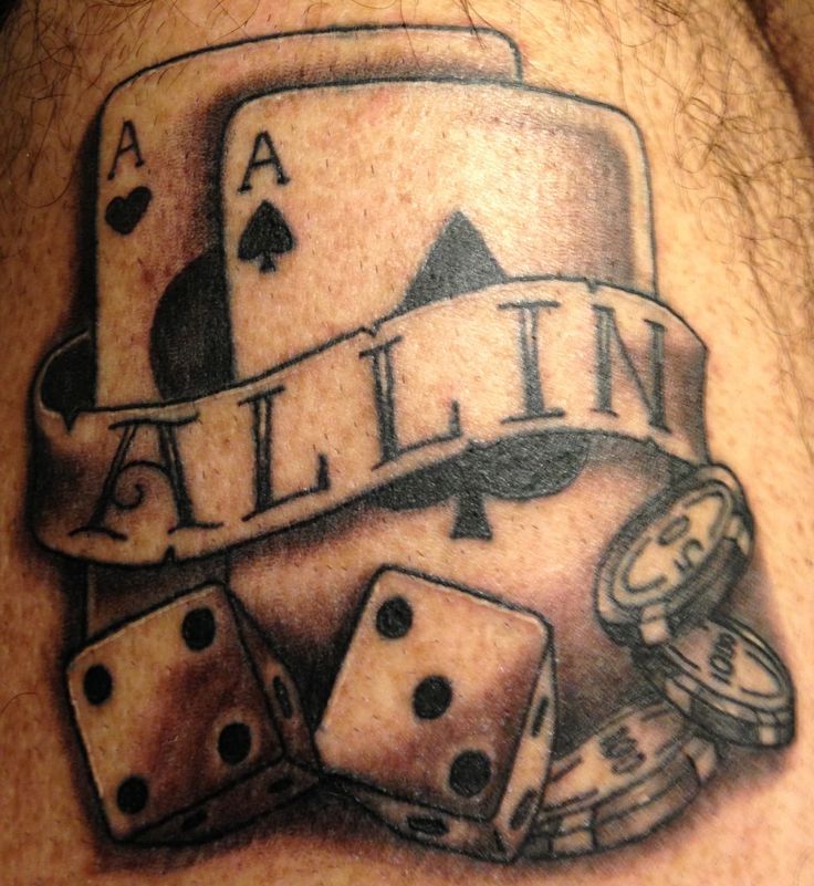 Black Ink Two Dice With Playing Cards And Banner Tattoo Design
