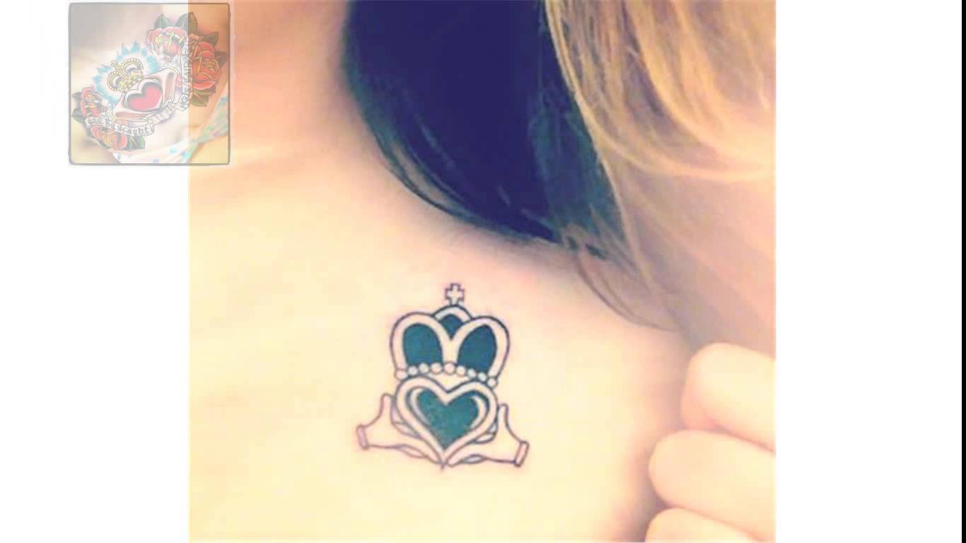 Black Little Claddagh Tattoo On Girl Front Shoulder