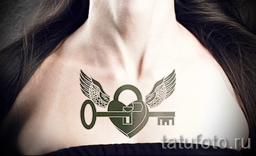 Black Lock And Key With Wings Tattoo On Collar Bone