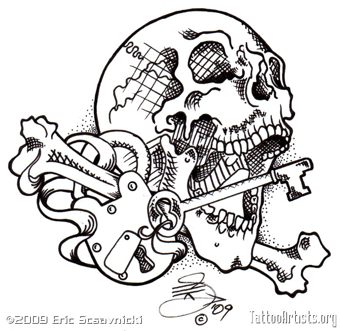 Black Skull With Lock And Key Tattoo Stencil