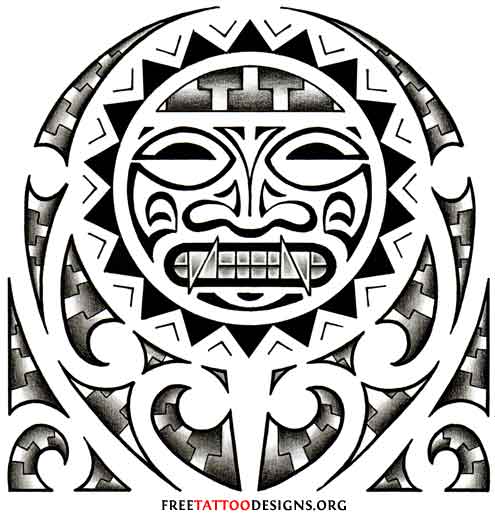 Black Tribal Aztec Sun Tattoo Design