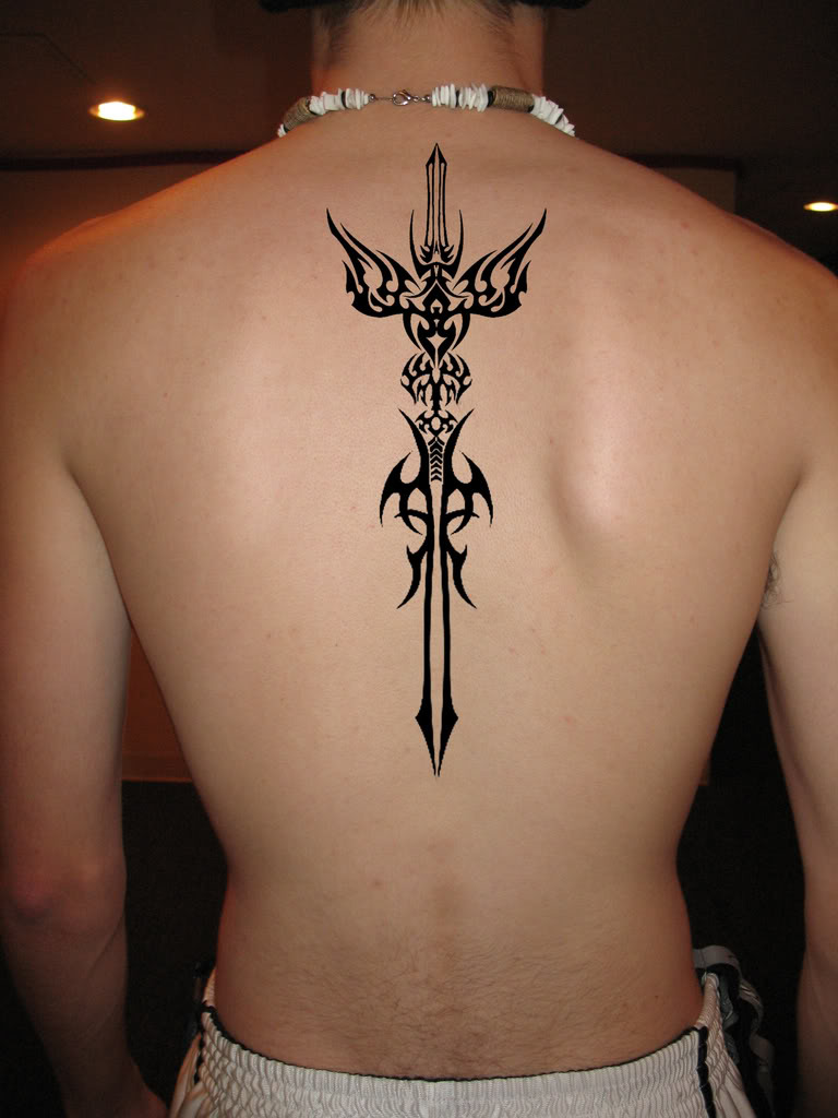 Black Tribal Sword Tattoo On Man Back