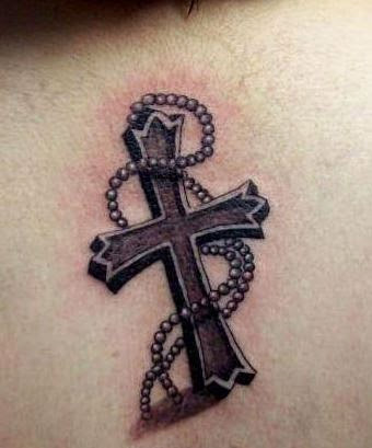 Black ink 3D cross with chain tattoo