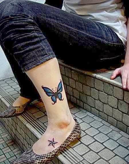 Blue Butterfly Tattoo On Left Ankle For Girls