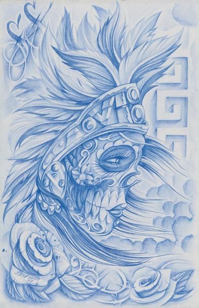 Blue Ink Aztec Warrior Girl Tattoo Design