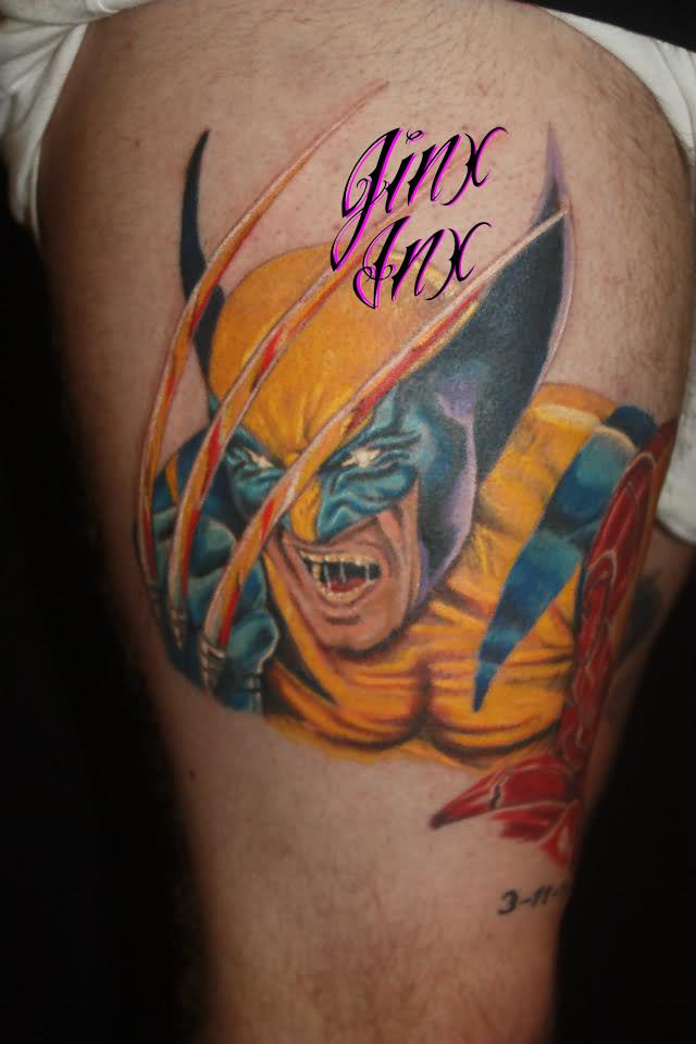 Cartoon Wolverine Tattoo On Thigh By Jinx