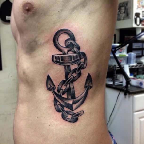 Chain With Anchor Tattoo On Rib Side