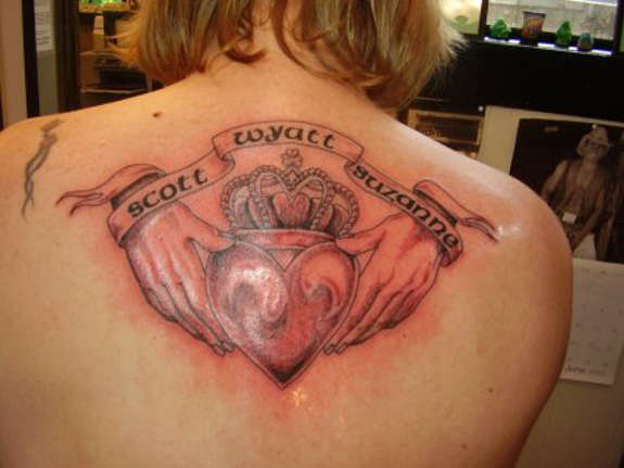 Claddagh With Banner Tattoo On Girl Upper Back By Toxic Apocalypse