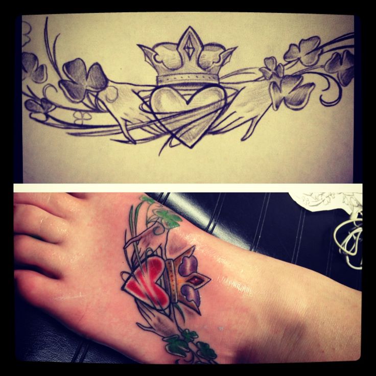 Claddagh With Clover Leaves Tattoo Design For Foot