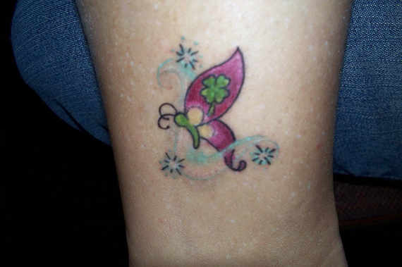 Clover Leaf In Butterfly Tattoo On Ankle
