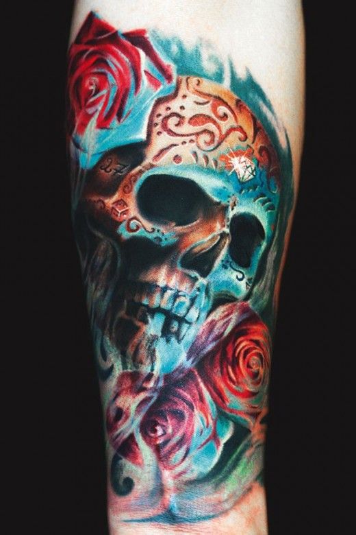 Colorful 3D Skull With Roses Tattoo On Forearm By Remis