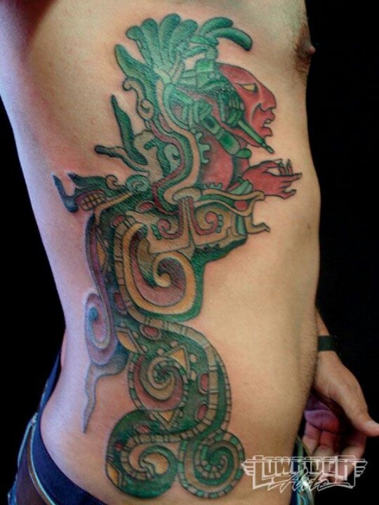 Colorful Aztec Dragon Tattoo On Man Side Rib