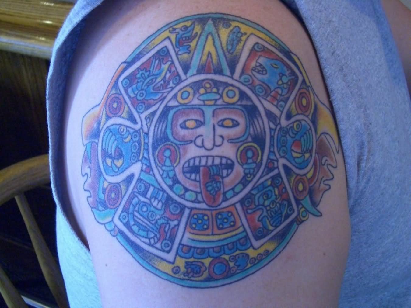 Colorful Aztec Sun Tattoo On Shoulder