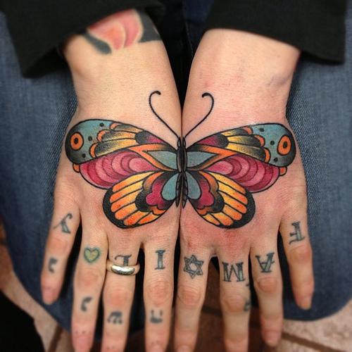 Colorful Butterfly Tattoo On Both Hand