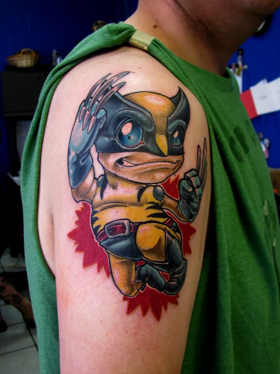 Colorful Cartoon Baby Wolverine Tattoo On Man Right Shoulder By Tara Quinn