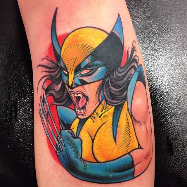 Colorful Cartoon Wolverine Girl Tattoo Design
