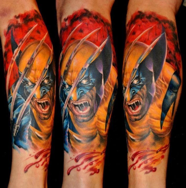 Colorful Cartoon Wolverine Head Tattoo Design For Leg By Roman Warwink