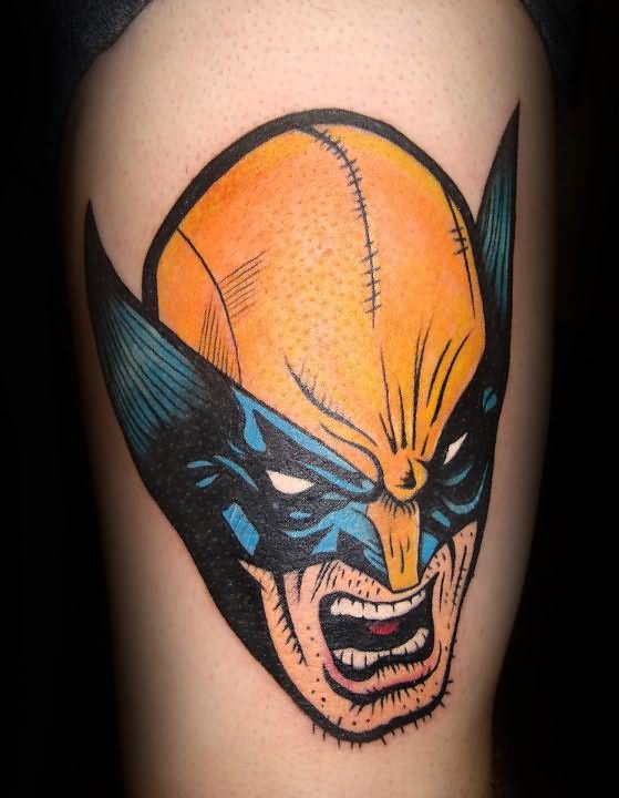 Colorful Cartoon Wolverine Head Tattoo Design For Thigh