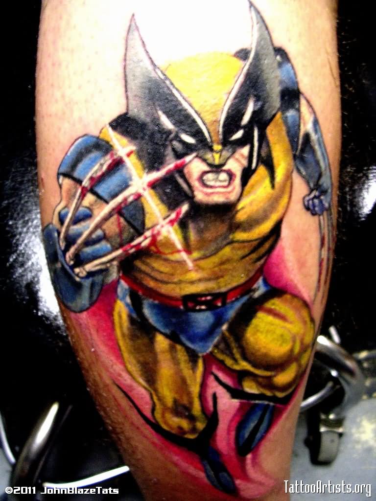 Colorful Cartoon Wolverine Tattoo Design For Leg