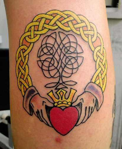 Colorful Celtic Claddagh Tattoo Design For Arm