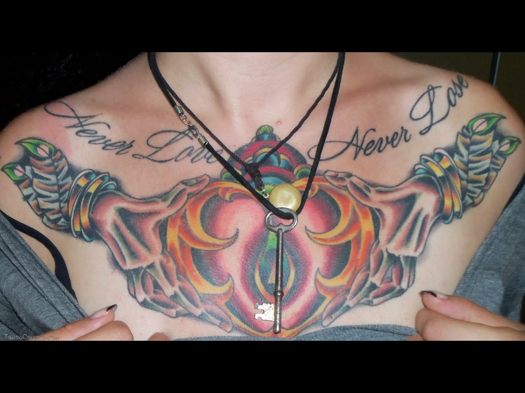 Colorful Claddagh Tattoo On Collarbone
