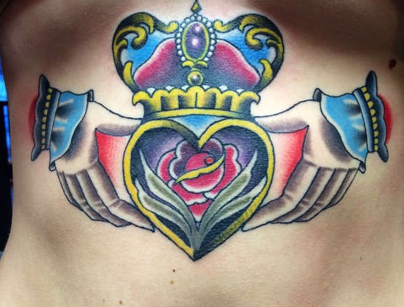 Colorful Claddagh Tattoo On Stomach