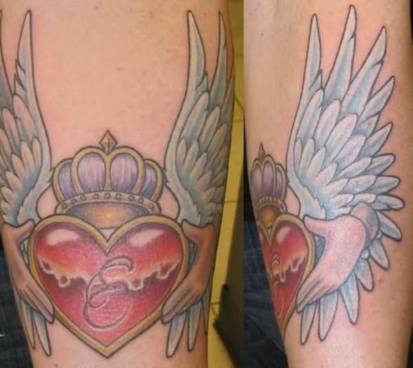 Colorful Claddagh With Wings Tattoo Design For Arm