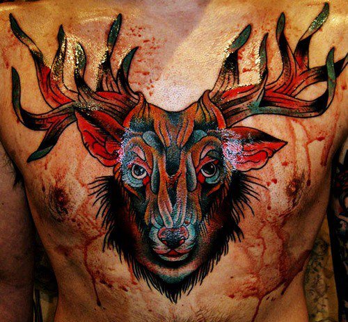 Colorful Deer Head Tattoo On Man Chest