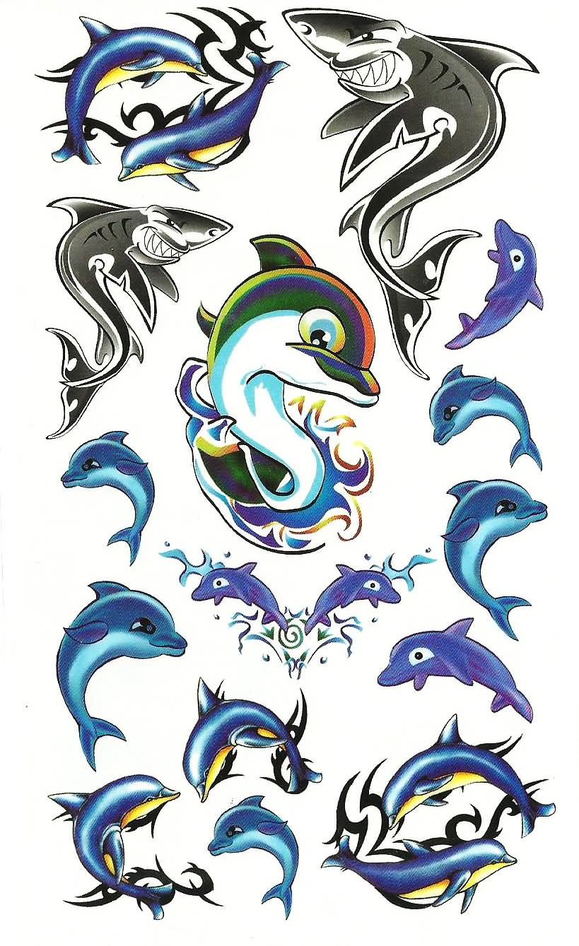 Colorful Dolphin And Shark Tattoo Flash