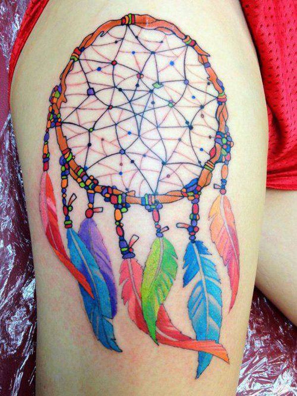 Colorful Dreamcatcher Tattoo Design For Thigh