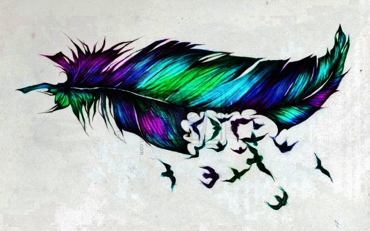 Colorful Feather With Flying Birds Tattoo Design By Elizabeth