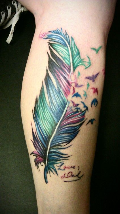 Colorful Feather With Flying Birds Tattoo On Leg