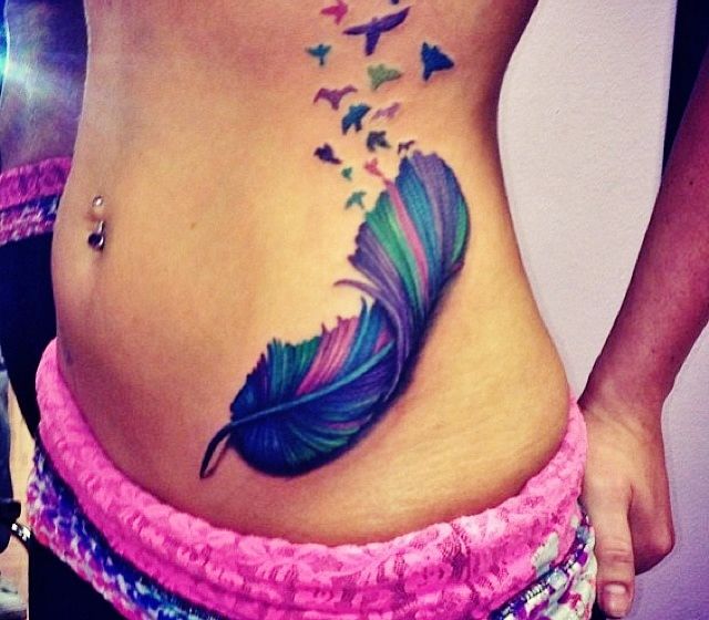 Colorful Feather With Flying Birds Tattoo On Side Rib