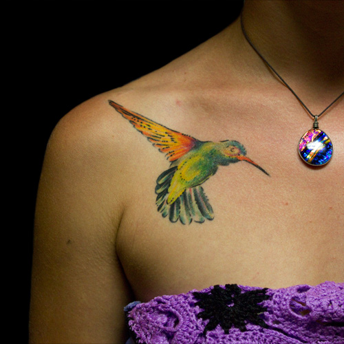 Colorful Flying Bird Tattoo On Girl Right Front Shoulder