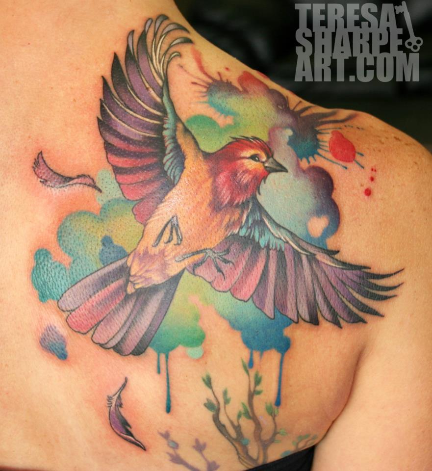 Colorful Flying Bird Tattoo On Right Back Shoulder