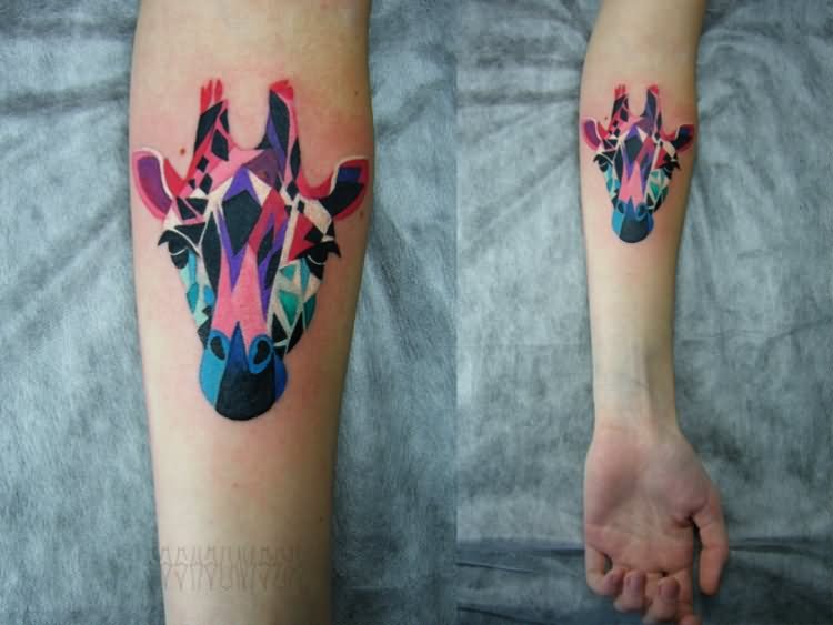 Colorful Geometric Giraffe Head Tattoo On Forearm By Sasha Unisex