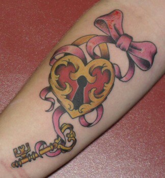 Colorful Heart Shape Lock And Key Tattoo On Forearm