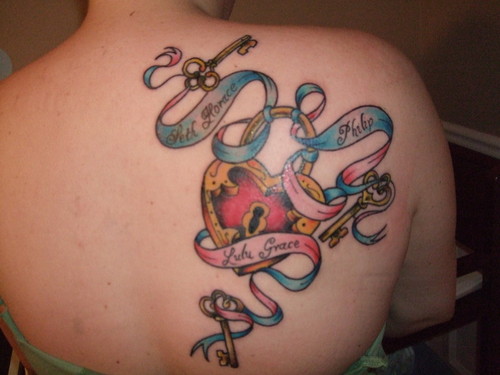 Colorful Heart Shape Lock And Key With Banner Tattoo On Girl Right Back Shoulder