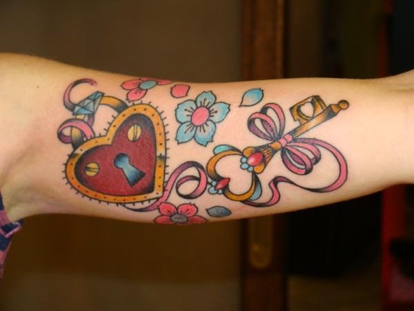 Colorful Heart Shape Lock And Key With Flowers Tattoo On Girl Half Sleeve
