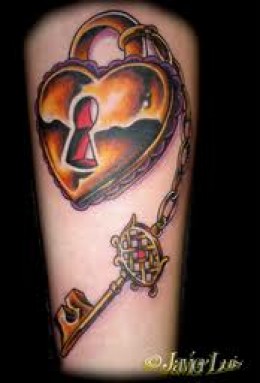 Colorful Heart Shape Lock With Key Tattoo Design