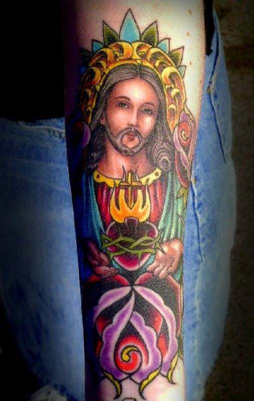 Colorful Jesus With Rose Tattoo Design For Arm