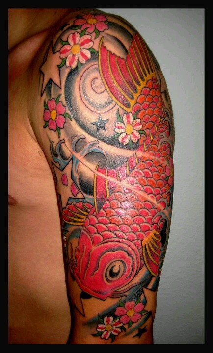 Colorful Koi With Flowers Tattoo On Man Left Half Sleeve