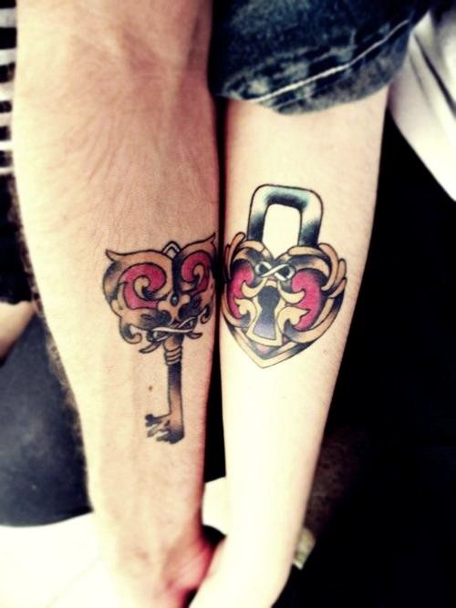 Colorful Lock And Key Tattoo On Couple Forearm