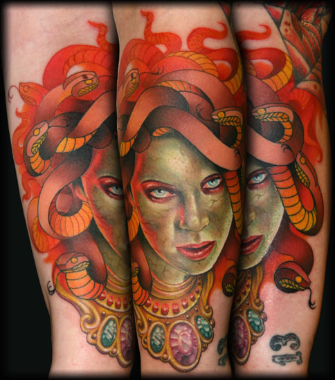 Colorful Medusa Tattoo On Arm Sleeve