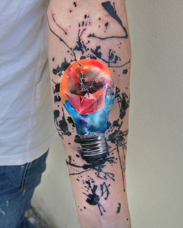 Colorful Paper Boat In Bulb Tattoo Design For Sleeve