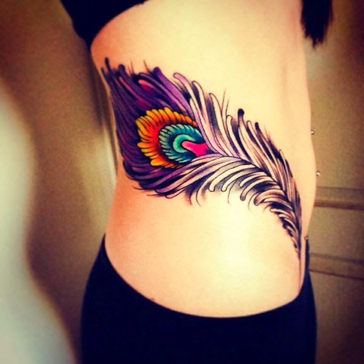 Colorful Peacock Feather Tattoo On Girl Side Rib