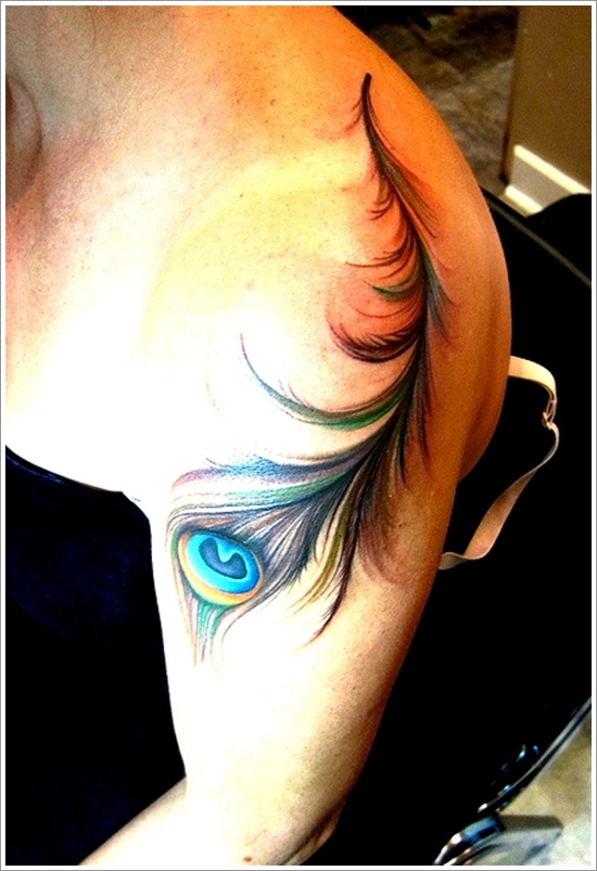 Colorful Peacock Feather Tattoo On Left Shoulder