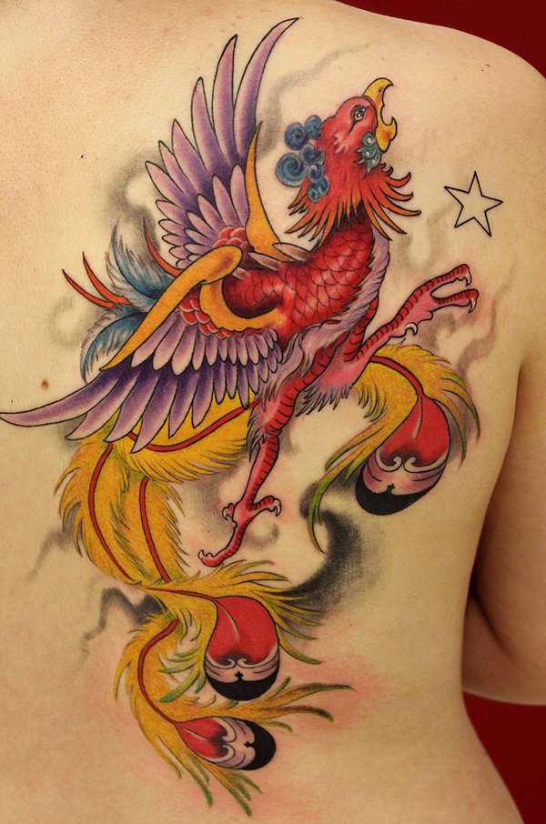 Colorful Phoenix Tattoo On Right Back Shoulder