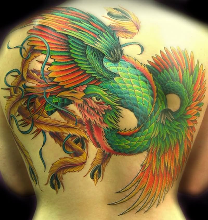 Colorful Phoenix Tattoo On Upper Back